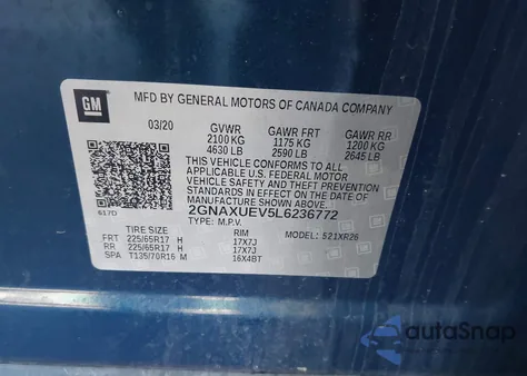 2020 Chevrolet Equinox Awd Lt 1.5L Turbo z USA, uszkodzony, nr VIN 2GNAXUEV5L6236772